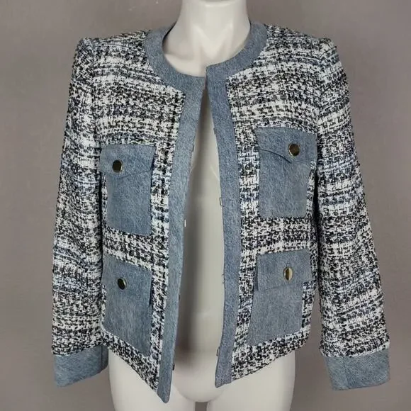 Alice + Olivia Avis Blue Tweed Denim Jean Combo Patch jacket Size Medium - Picture 16 of 16